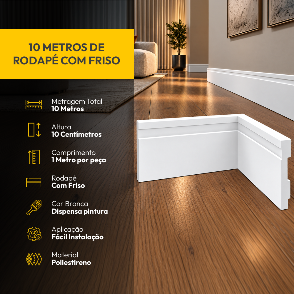 10 Barras 1m Rodapé Friso Moldura 100x10cm Branco Alut - ALUT