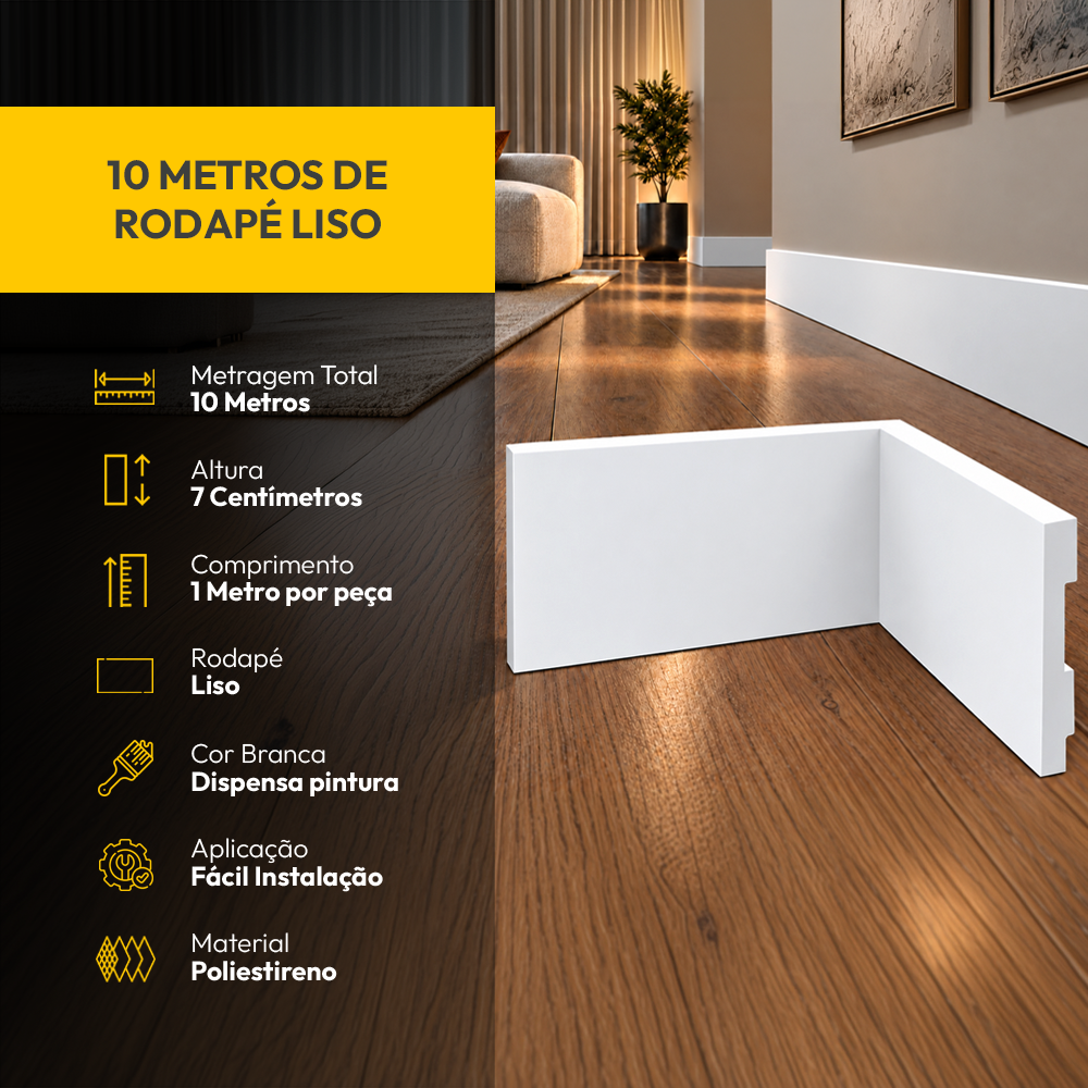 10 Barras 1m Rodapé Liso Moldura 100x7cm Branco Alut - ALUT