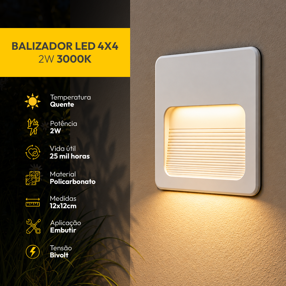 Balizador Led Guia 4x4 2w 3000K Branco Quente Bivolt Ip65 Branco Fosco Alut - ALUT
