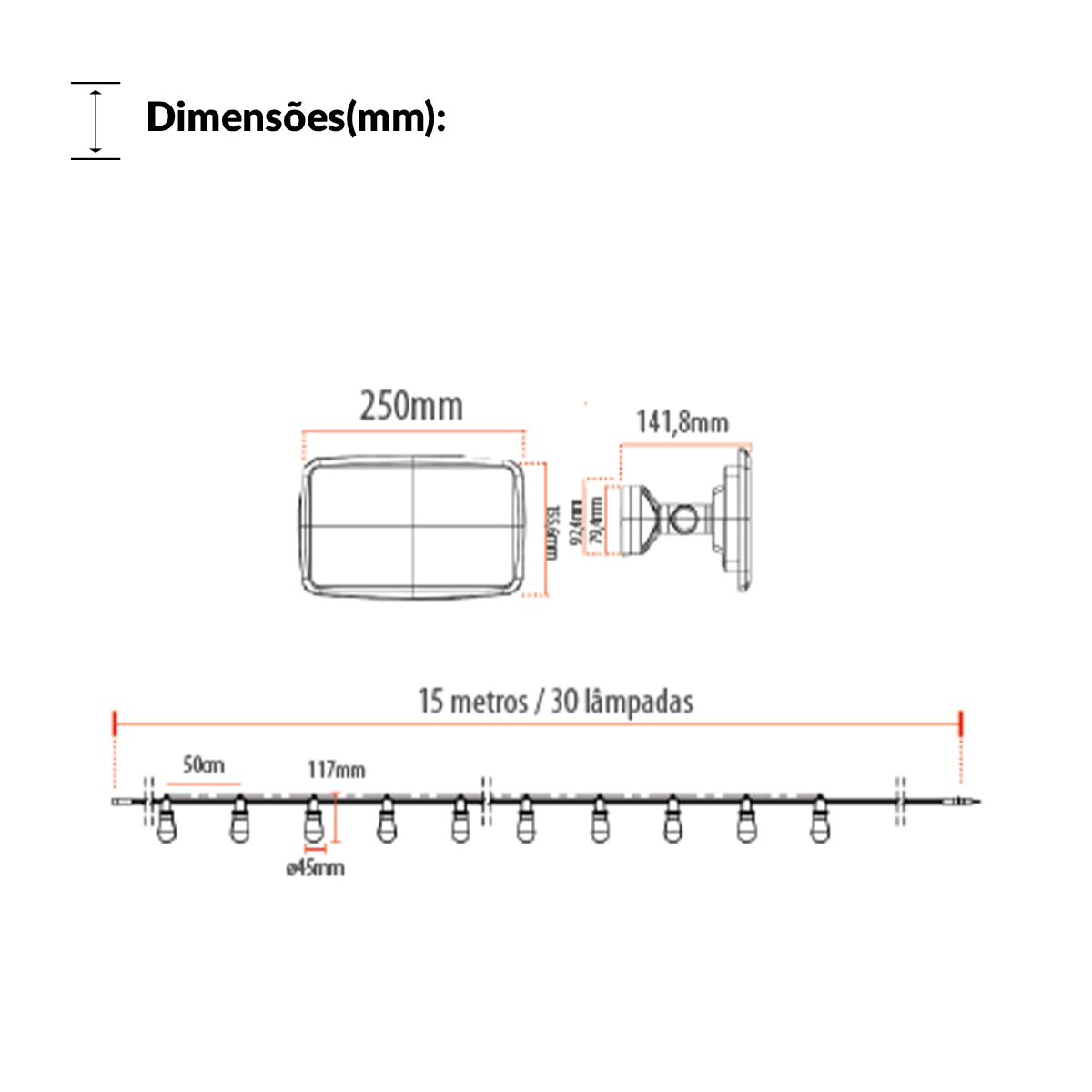 Varal Luz solar recarregável 15m 30 Lâmpada 15w 2700k Branco Quente Alut