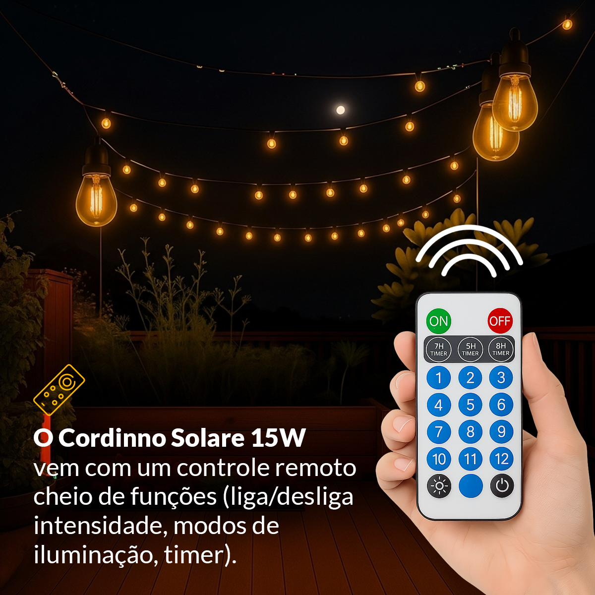Varal Luz solar recarregável 15m 30 Lâmpada 15w 2700k Branco Quente Alut