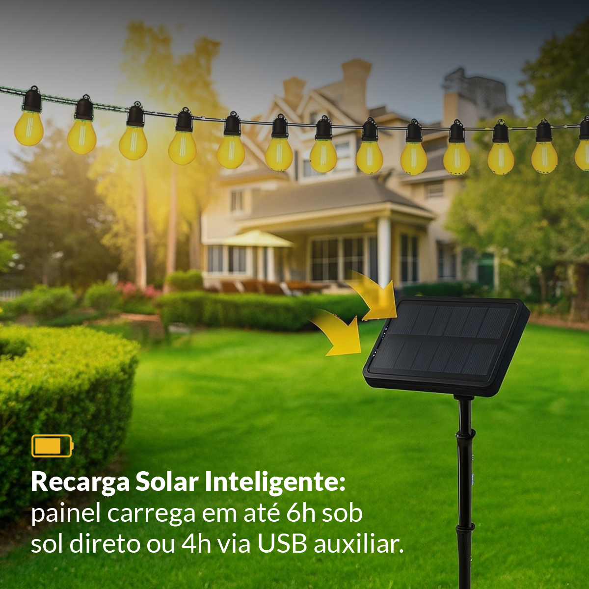 Varal Luz solar recarregável 15m 30 Lâmpada 15w 2700k Branco Quente Alut