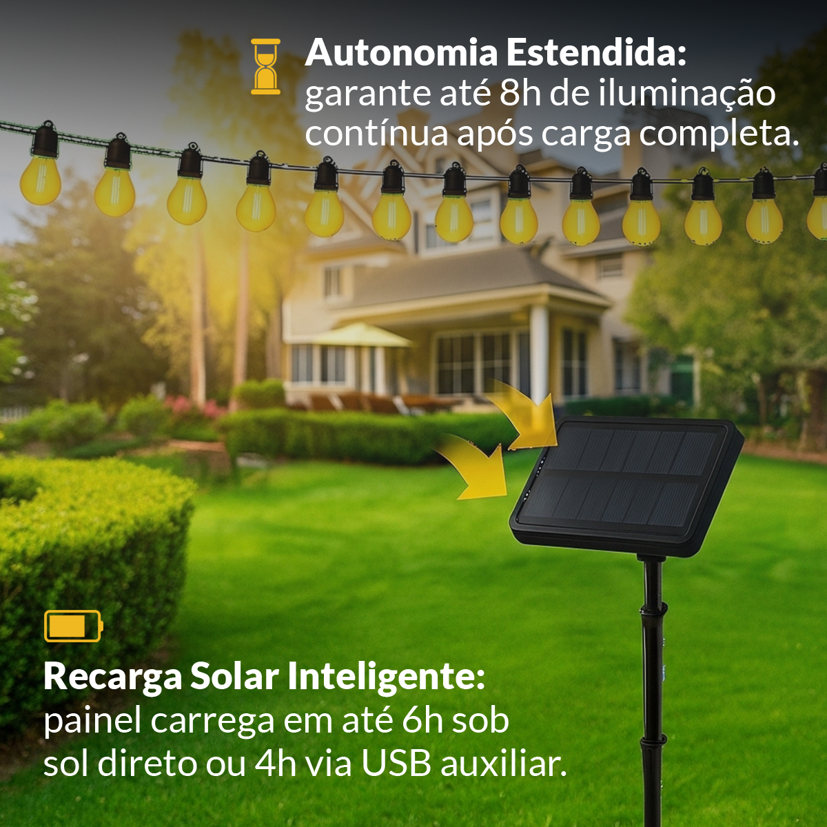 Varal Luz solar recarregável 5m 10 Lâmpada 5w 2700k Branco Quente Alut