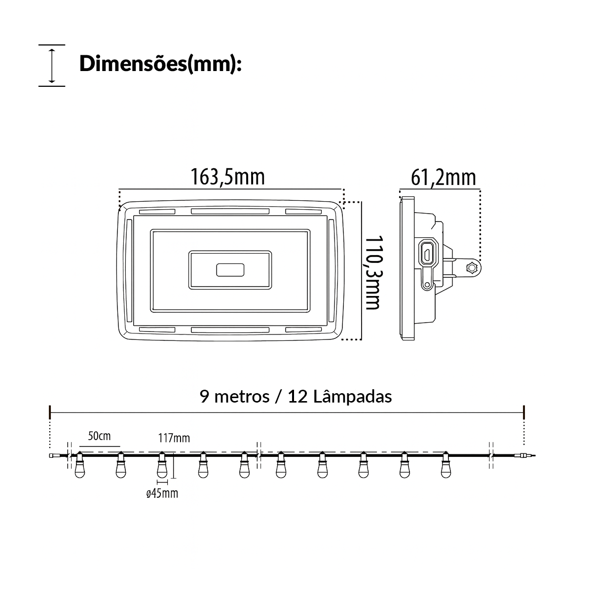 Varal Luz solar recarregável 9m 12 Lâmpada 15w RGB Alut