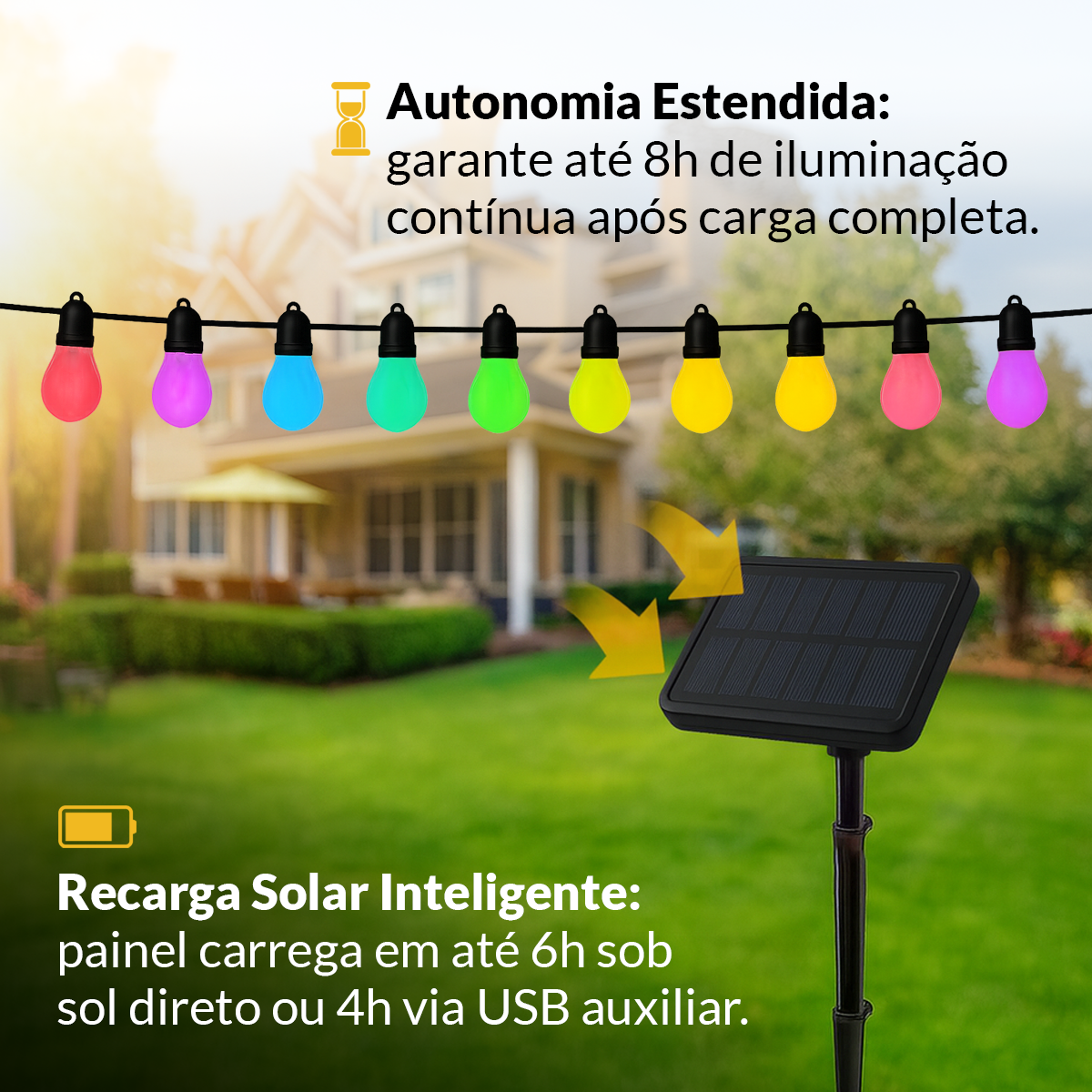 Varal Luz solar recarregável 9m 12 Lâmpada 15w RGB Alut