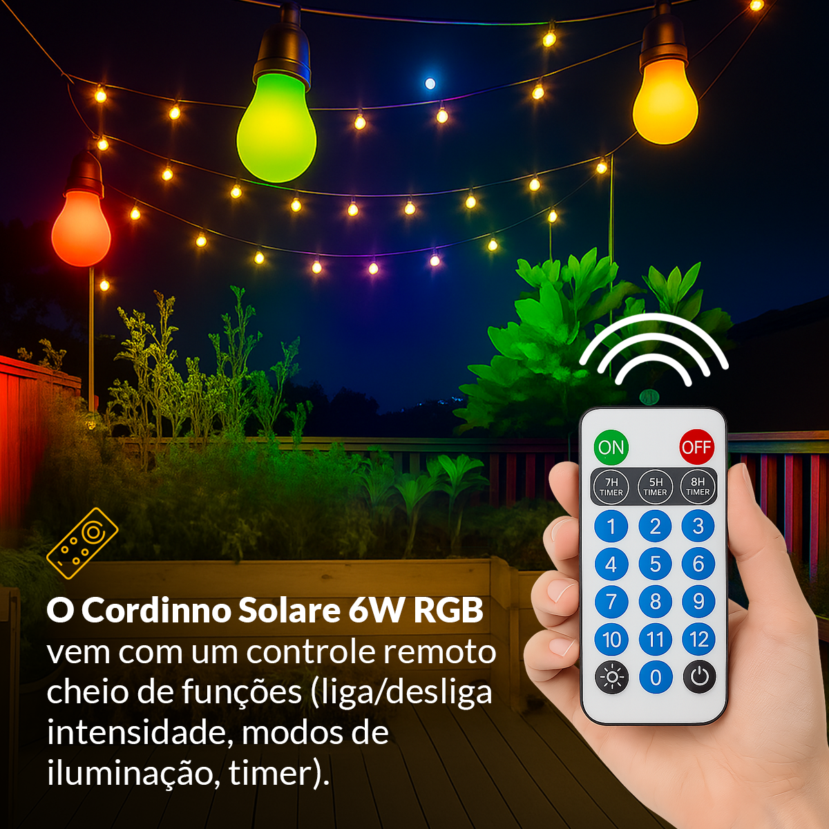 Varal Luz solar recarregável 9m 12 Lâmpada 15w RGB Alut