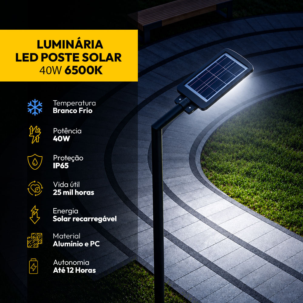 Luminária Led Poste Solar 40w IP65  6500k Branco Frio Alut