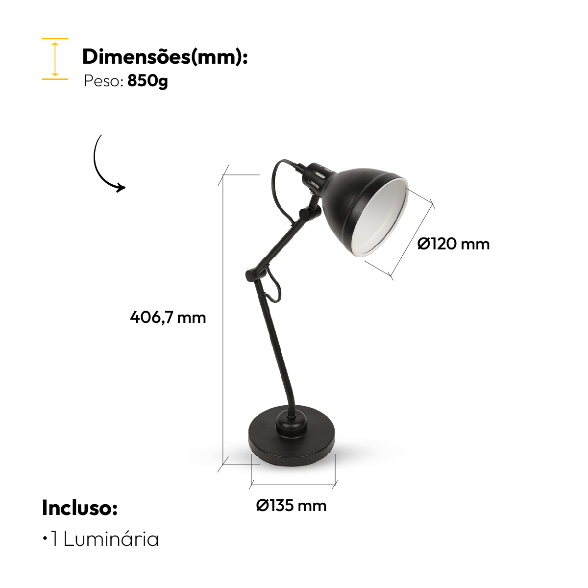 Luminária De Mesa Led Lumix Preto Bivolt 25w E27 Alut