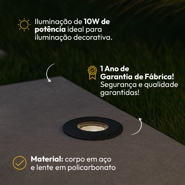 Kit 10 Luminaria de Chão Led Solo Embutir 10w 3000k Branco Quente IP65 Bivolt Preto Alut