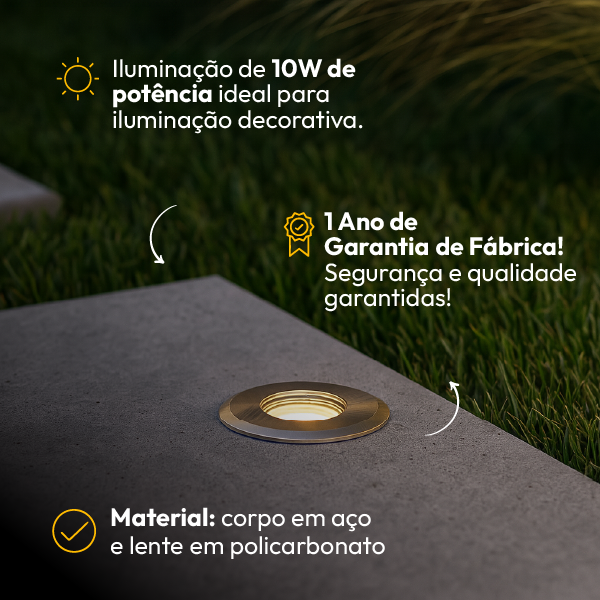 Kit 10 Luminária de Chão Led Solo Embutir 10w 3000k Branco Quente IP65 Bivolt Alut