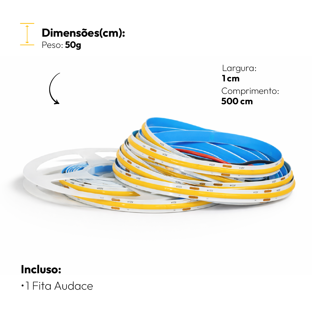 Fita Led 5M Audace Cob 15w 3000k Branco Quente 12v Alut