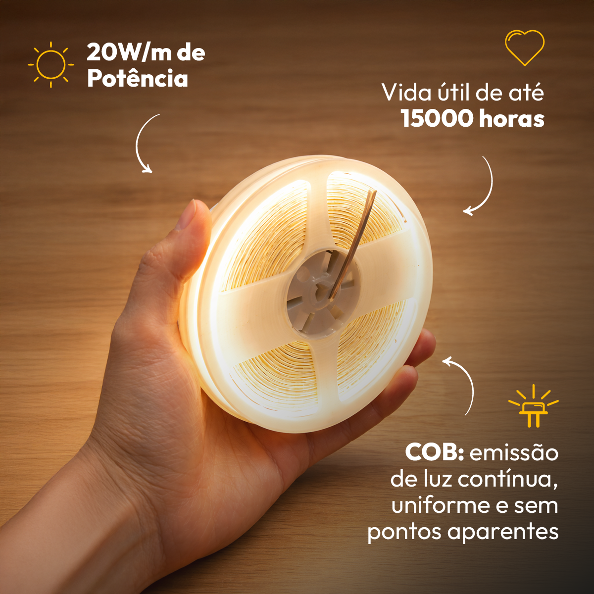 Fita Led 5M Audace Cob 15w 3000k Branco Quente 12v Alut