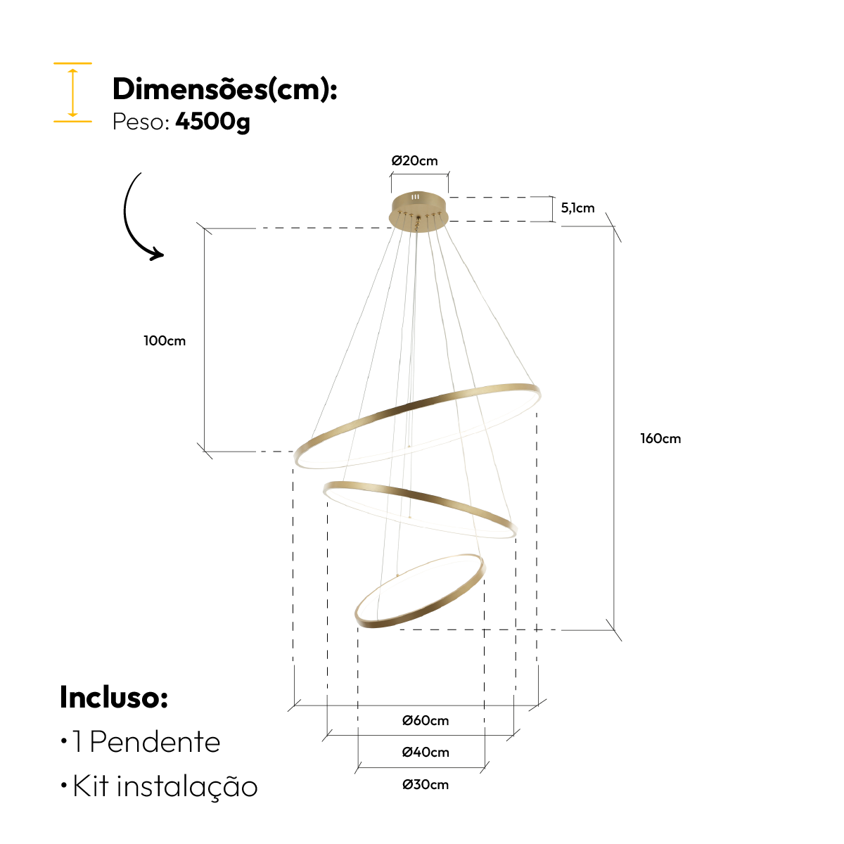 Luminaria Pendente Led Lura 60W Com Seleção de temperatura Quente/Neutro/Frio 65cm Dourado Alut
