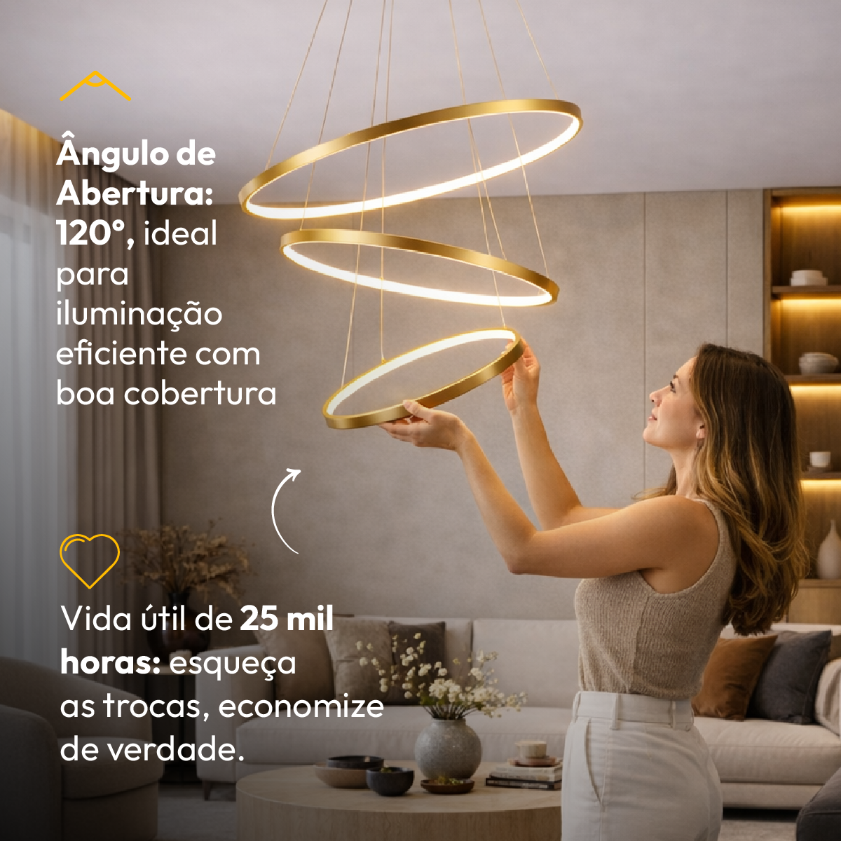 Luminaria Pendente Led Lura 60W Com Seleção de temperatura Quente/Neutro/Frio 65cm Dourado Alut