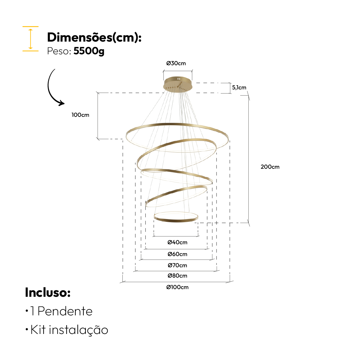 Luminaria Pendente Led Lura 140w Com Seleção de temperatura Quente/Neutro/Frio Dourado Alut