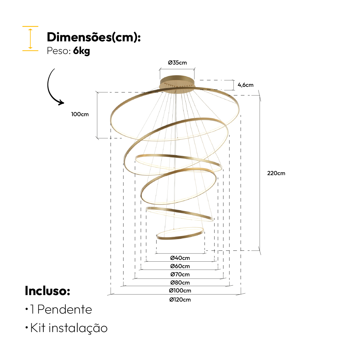 Luminária Pendente Led Lura 180W Seleção de Temperatura Quente/Neutro/Frio Dourado Alut