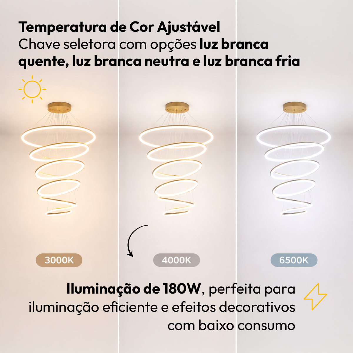Luminária Pendente Led Lura 180W Seleção de Temperatura Quente/Neutro/Frio Dourado Alut