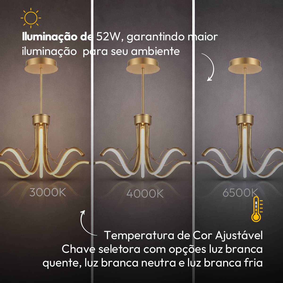 Luminária Pendente Led Octo 52w Seleção de Temperatura Quente/Neutro/Frio Dourado Alut