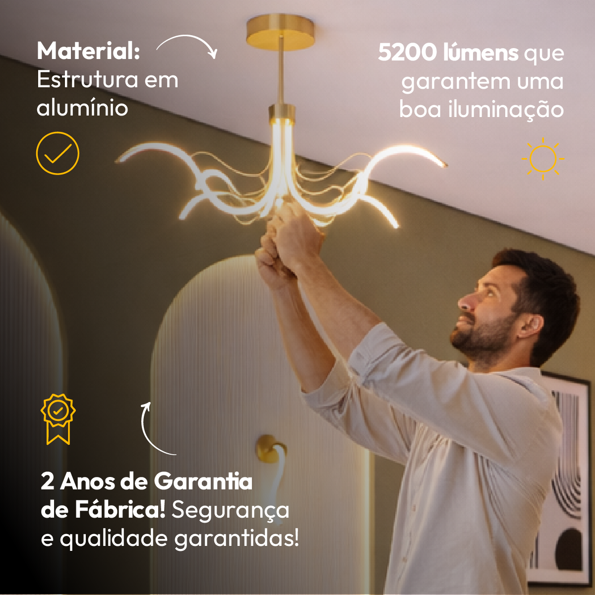 Luminária Pendente Led Octo 52w Seleção de Temperatura Quente/Neutro/Frio Dourado Alut