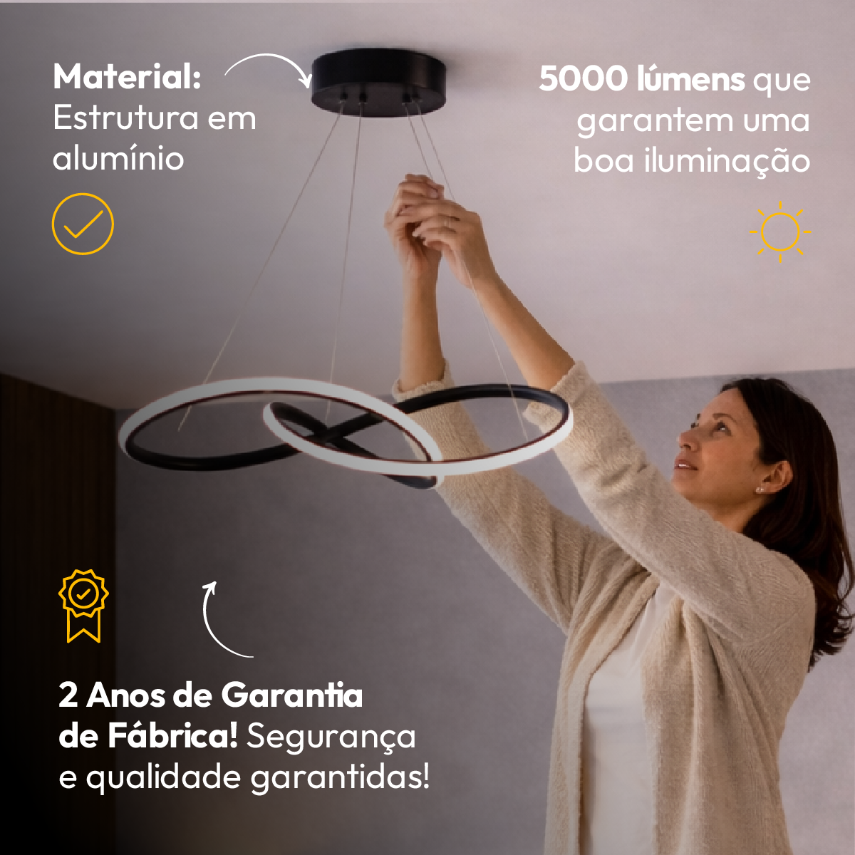 Luminária Pendente Led Infinity 50w Seleção de Temperatura Quente/Neutro/Frio Preto Alut