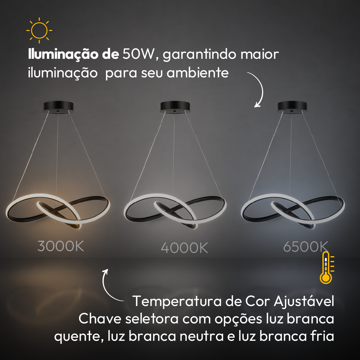 Luminária Pendente Led Infinity 50w Seleção de Temperatura Quente/Neutro/Frio Preto Alut