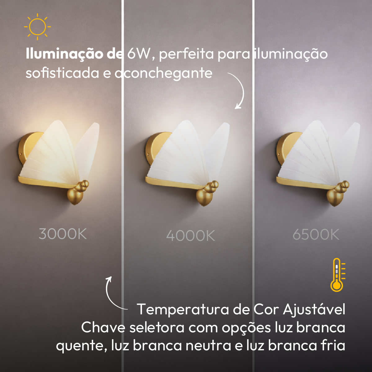 Arandela Led Borboleta 6w 6500k Branco Frio Bivolt Dourado Alut