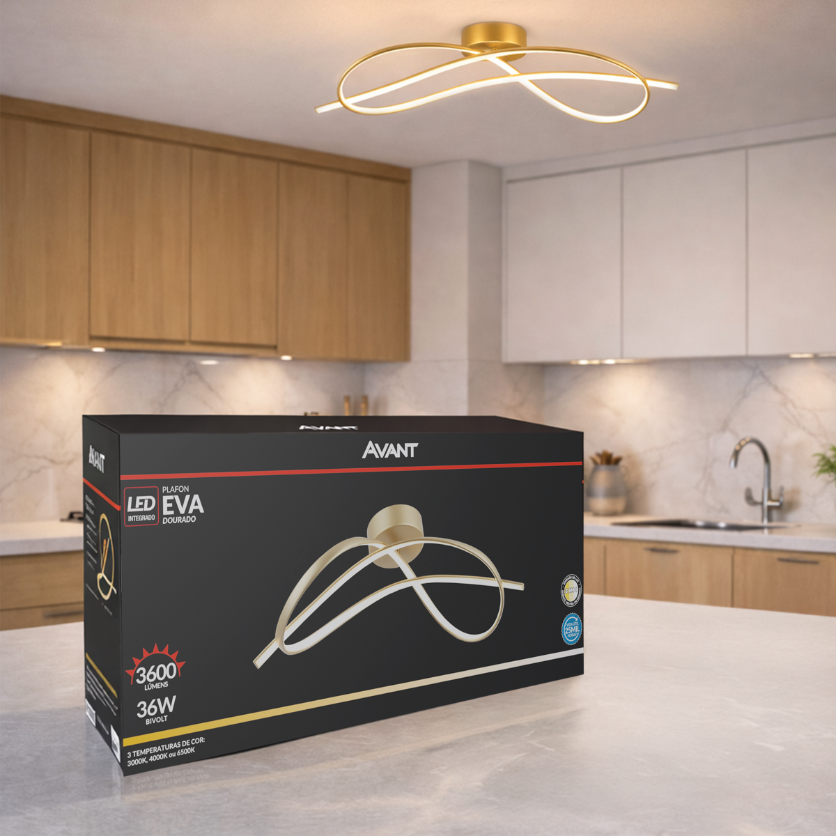Pendente Led Plafon Zion 36W Seleção de Temperatura Branco Quente/Frio Bivolt Dourado Alut