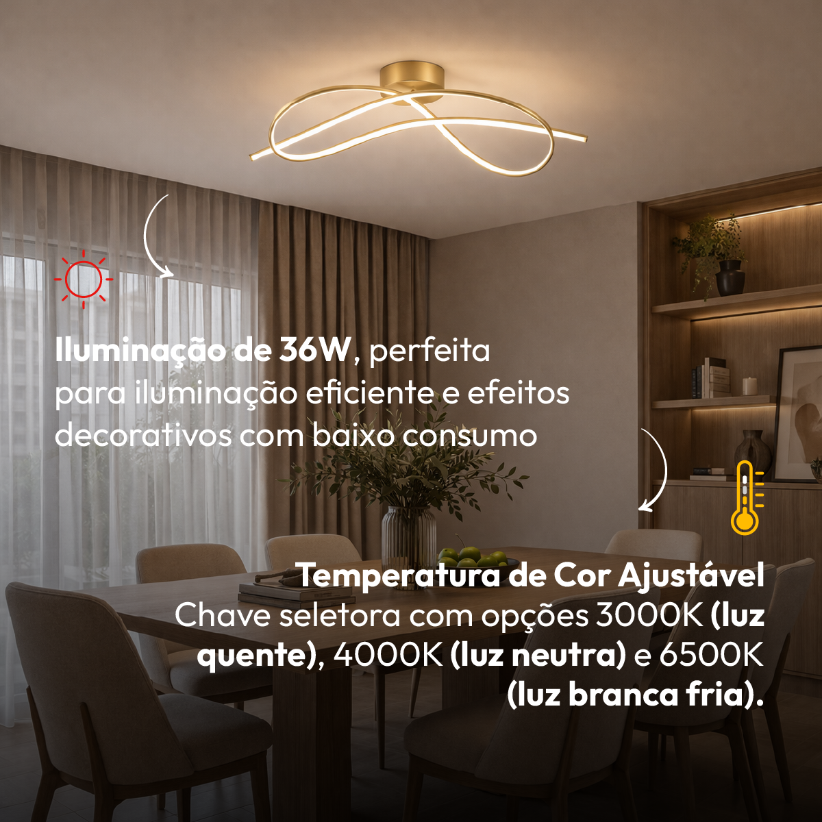 Pendente Led Plafon Zion 36W Seleção de Temperatura Branco Quente/Frio Bivolt Dourado Alut