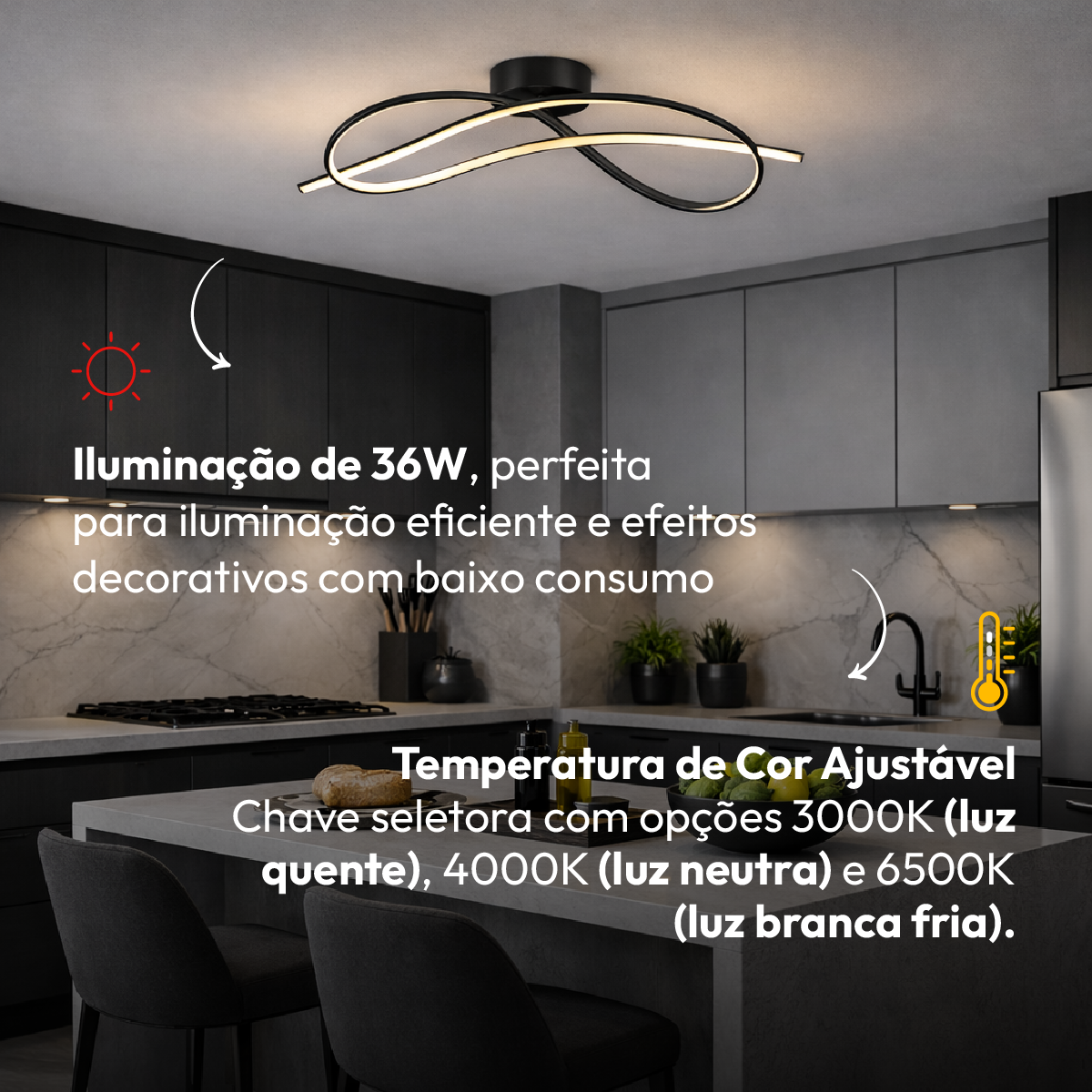 Pendente Led Plafon Zion 36W Seleção de Temperatura Branco Quente/Frio Bivolt Preto Alut