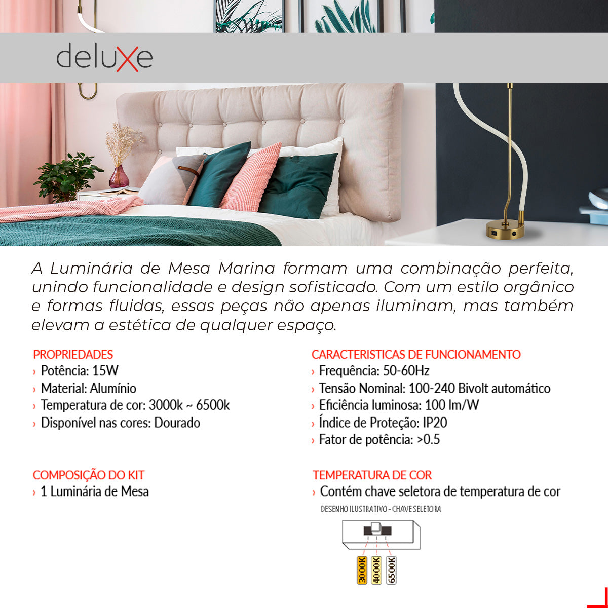Luminária de Mesa Led Curves 15W Seleção de Temperatura Branco Quente/Neutro/Frio Dourado Alut