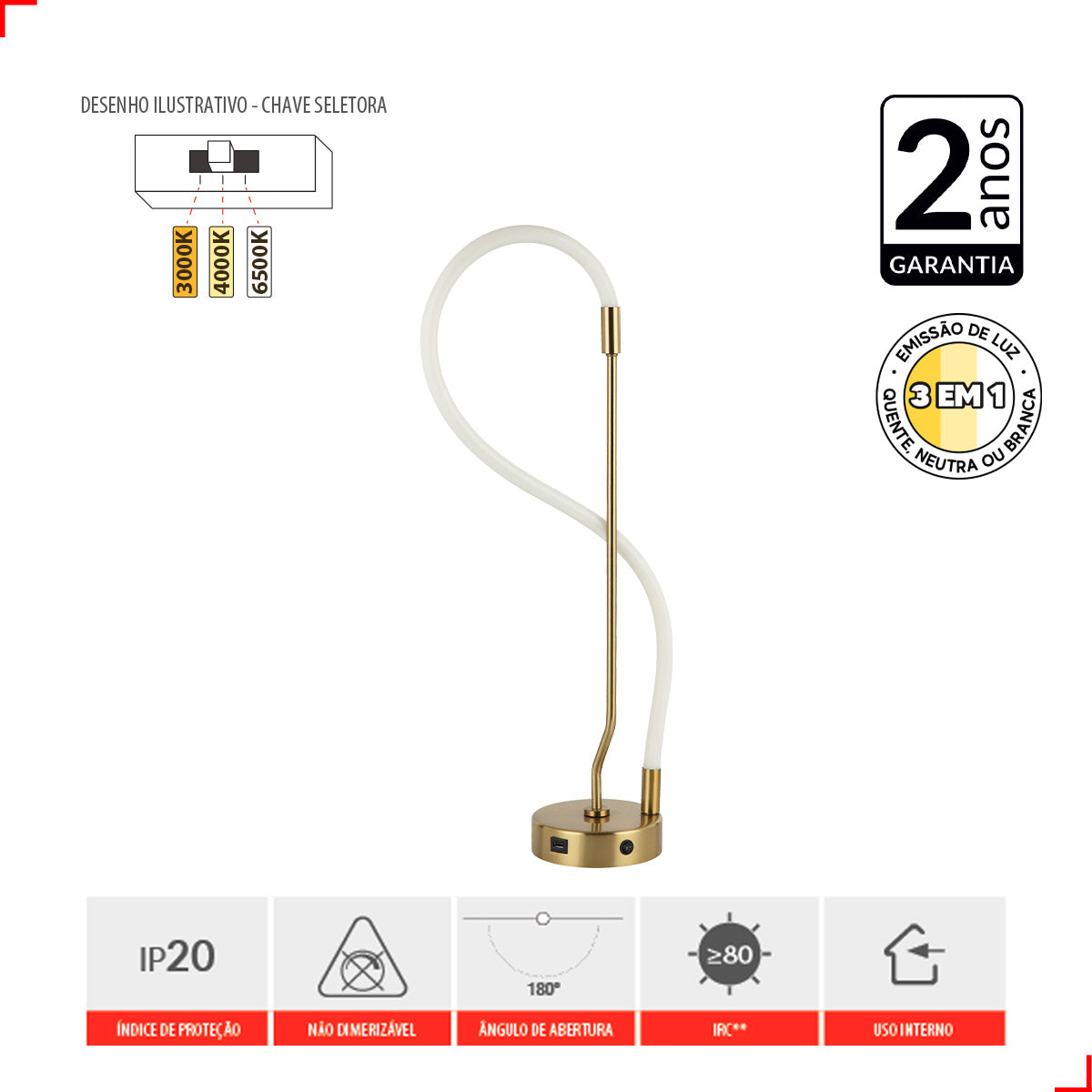 Luminária de Mesa Led Curves 15W Seleção de Temperatura Branco Quente/Neutro/Frio Dourado Alut