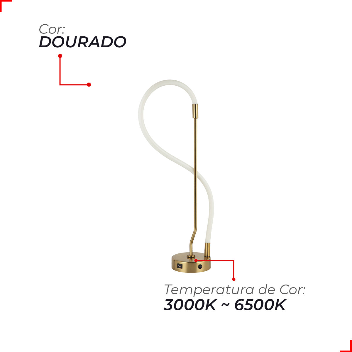 Luminária de Mesa Led Curves 15W Seleção de Temperatura Branco Quente/Neutro/Frio Dourado Alut