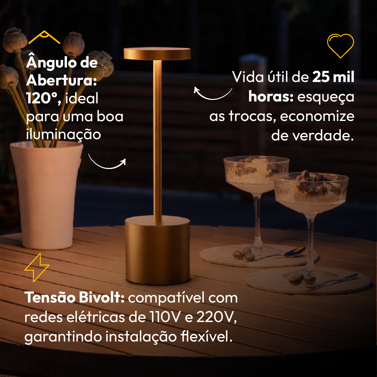 Luminária de Mesa Led Sem Fio Glow 4w Branco Quente/Frio Recarregável Bivolt Dourado Alut