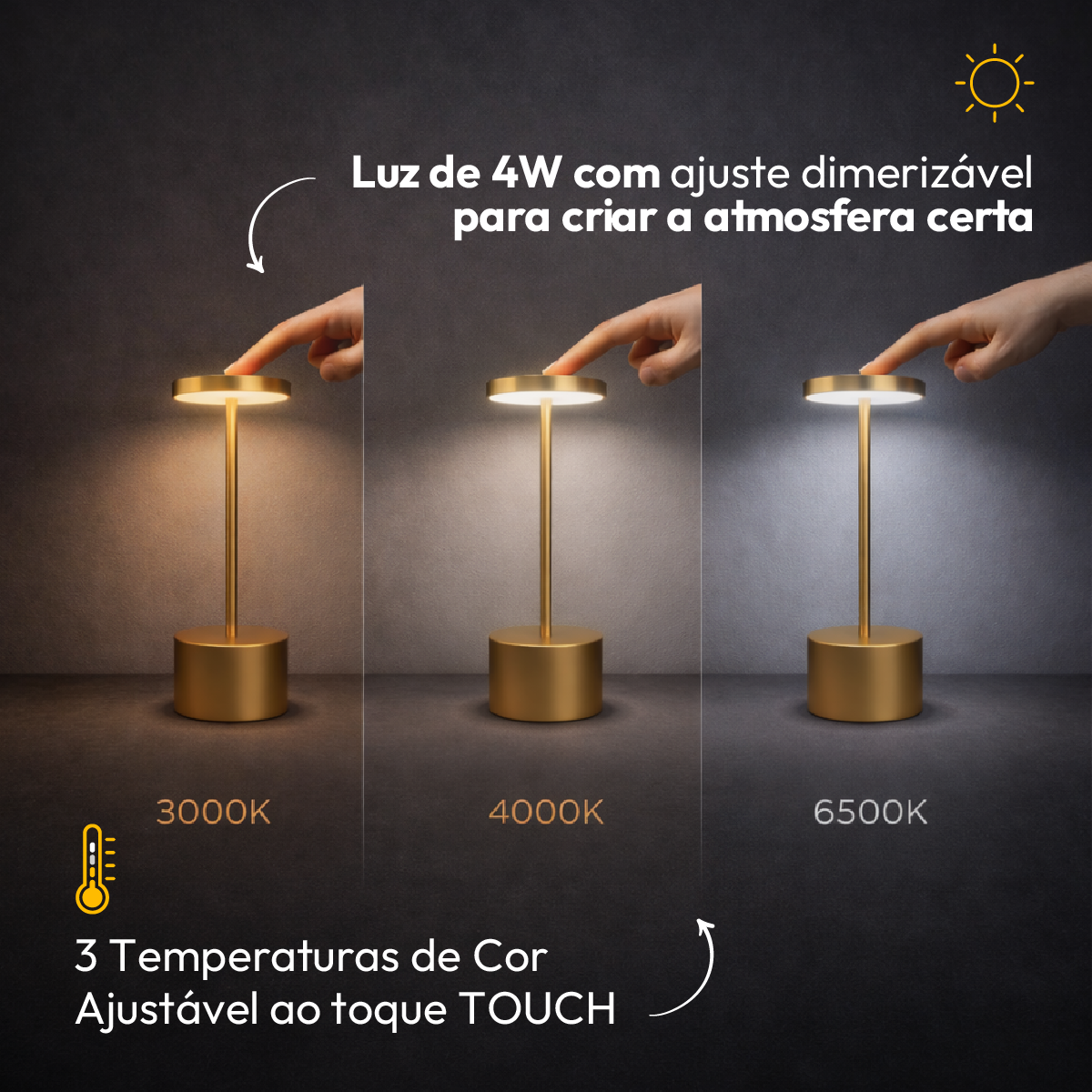 Luminária de Mesa Led Sem Fio Glow 4w Branco Quente/Frio Recarregável Bivolt Dourado Alut