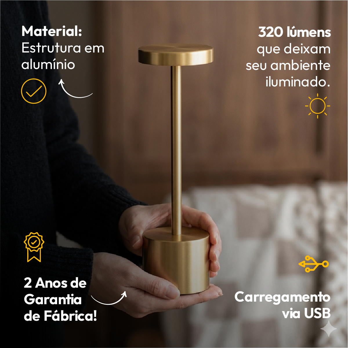 Luminária de Mesa Led Sem Fio Glow 4w Branco Quente/Frio Recarregável Bivolt Dourado Alut