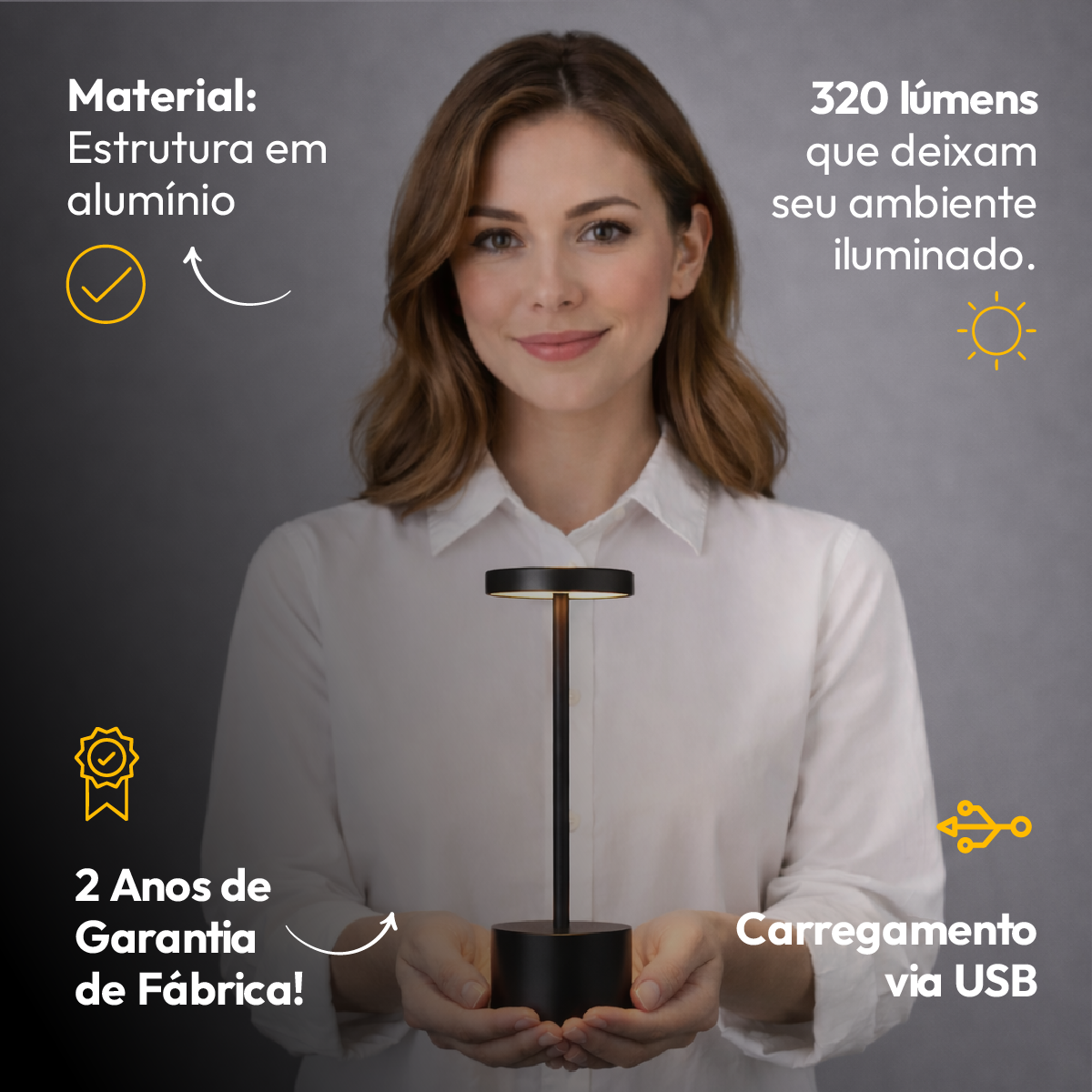 Luminária de Mesa Led Sem Fio Glow 4w Branco Quente/Frio Recarregável Preto Alut