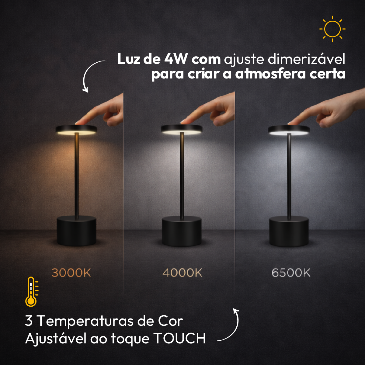 Luminária de Mesa Led Sem Fio Glow 4w Branco Quente/Frio Recarregável Preto Alut