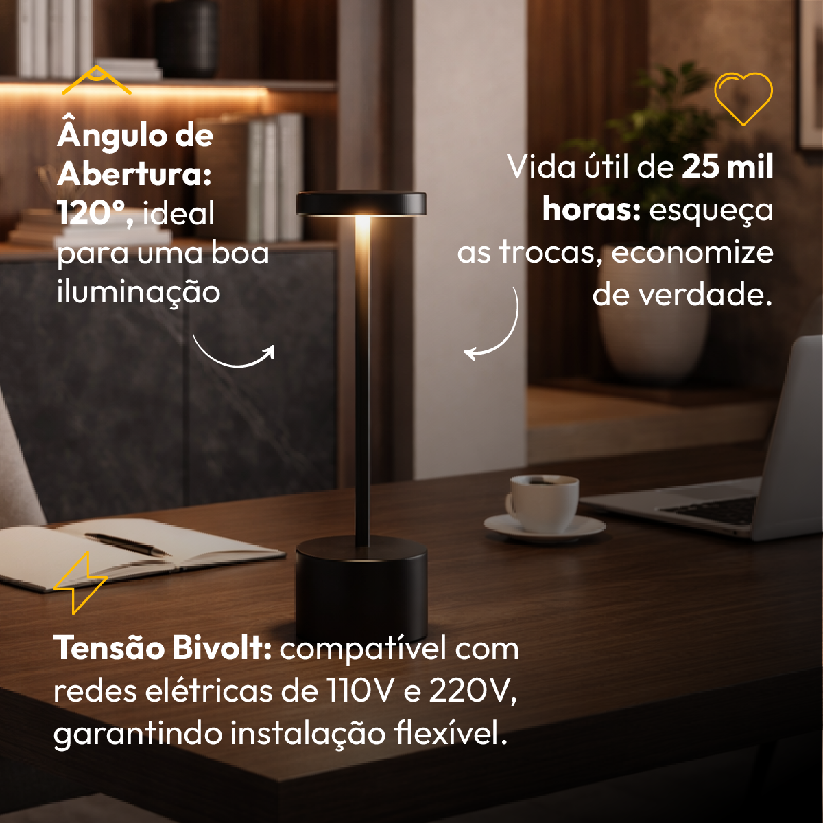 Luminária de Mesa Led Sem Fio Glow 4w Branco Quente/Frio Recarregável Preto Alut