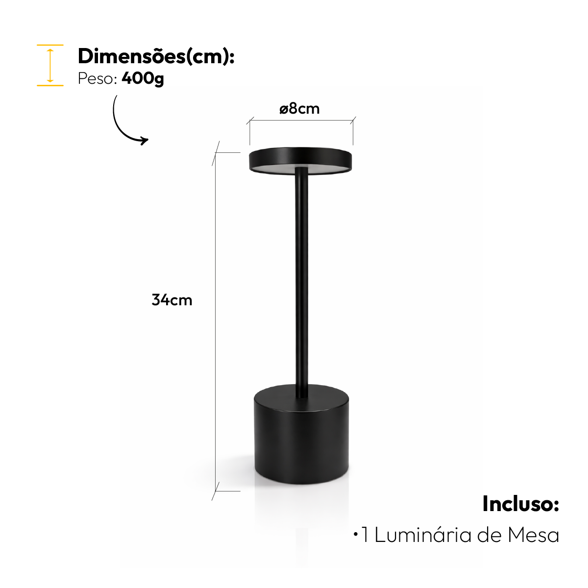 Luminária de Mesa Led Sem Fio Glow 4w Branco Quente/Frio Recarregável Preto Alut