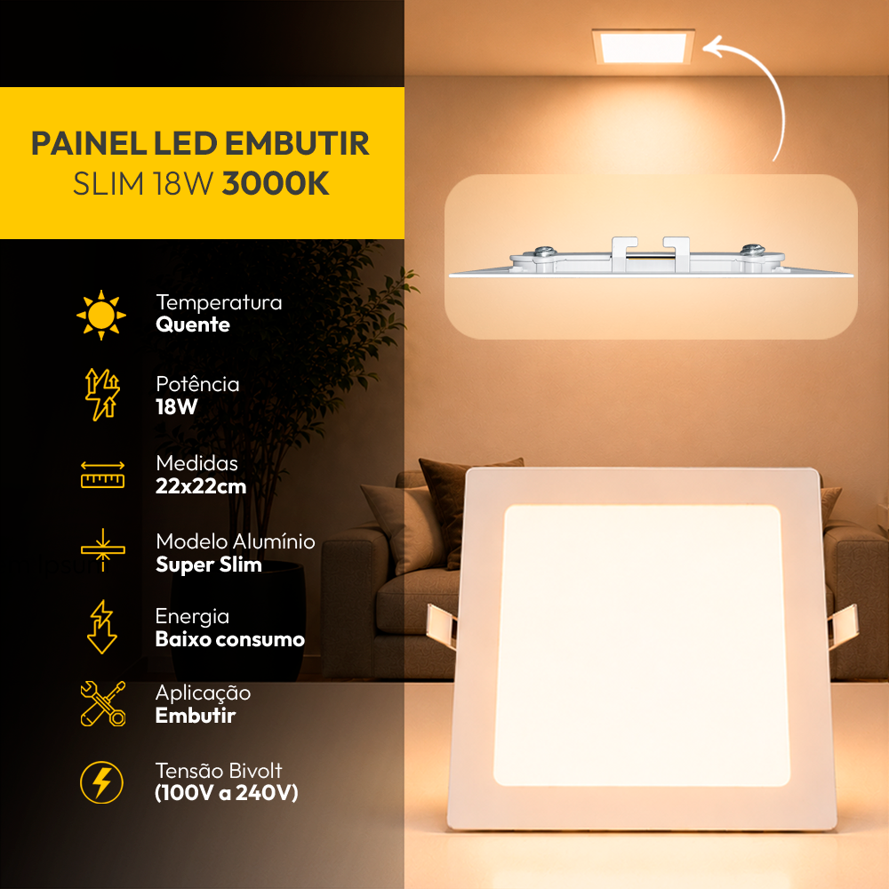 Painel Led Plafon Aluminio Embutir 18w 3000k Branco Quente 22x22 Quadrado Branco Cod: ALUT190070 Alut By Avant