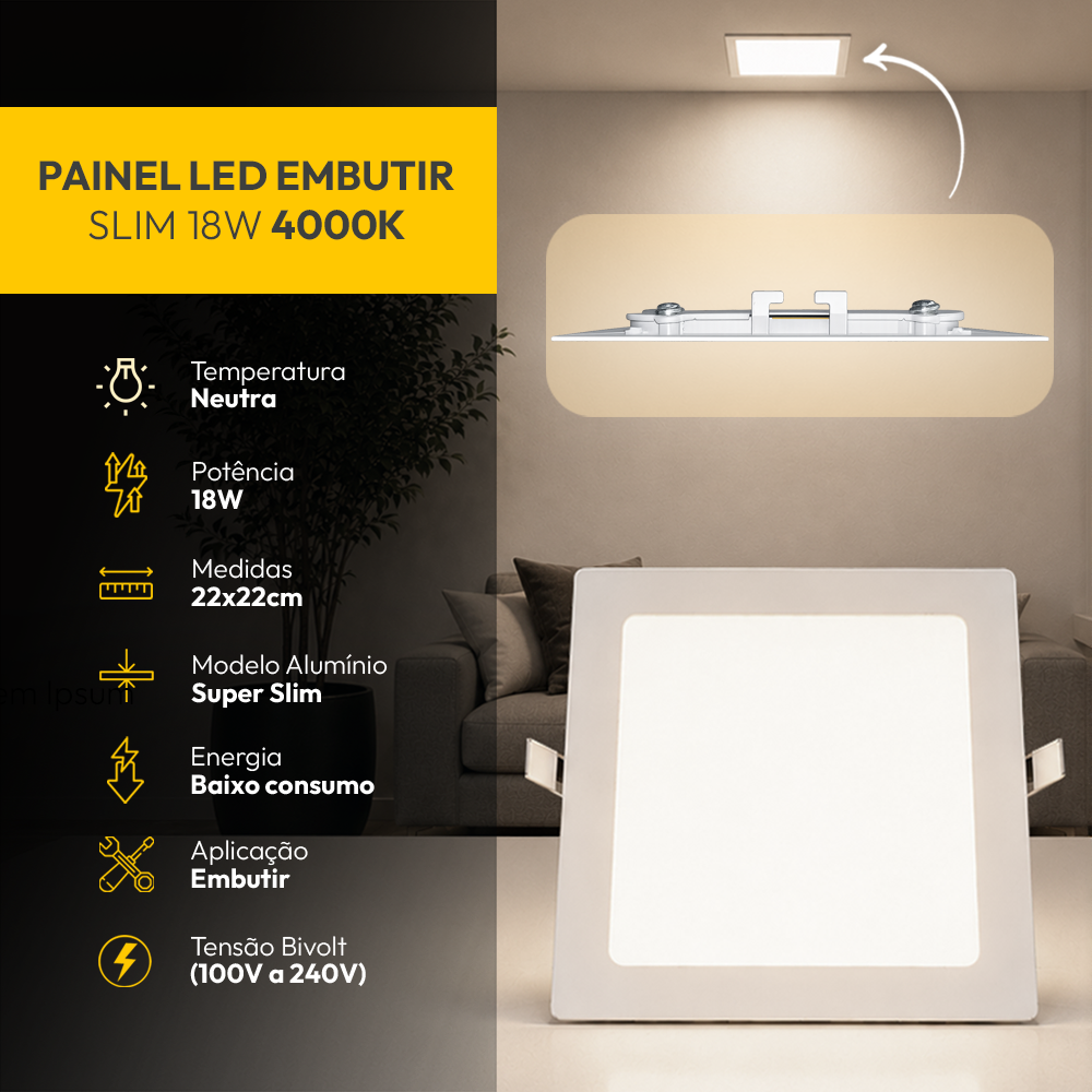 Painel Led Plafon Aluminio Embutir 18w 4000k Branco Neutro 22x22 Quadrado Cod: ALUT190071 Alut By Avant