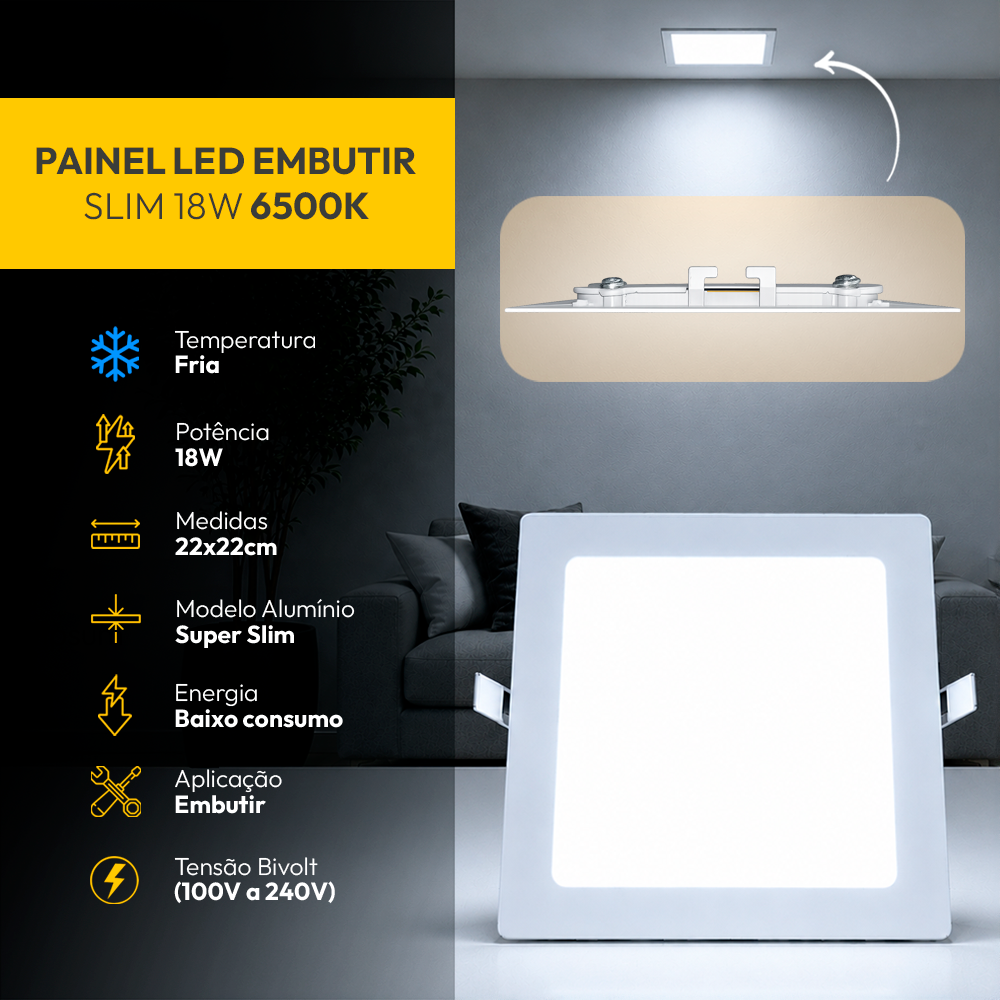 Painel Led Plafon Aluminio Embutir 18w 6500K Branco Frio 22x22 Quadrado Cod: ALUT190072 Alut By Avant