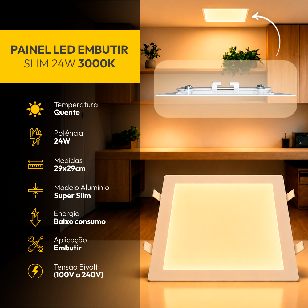 Painel Led Plafon Aluminio Embutir 24w 3000k Branco Quente 29x29 Quadrado Cod: ALUT190073 Alut By Avant