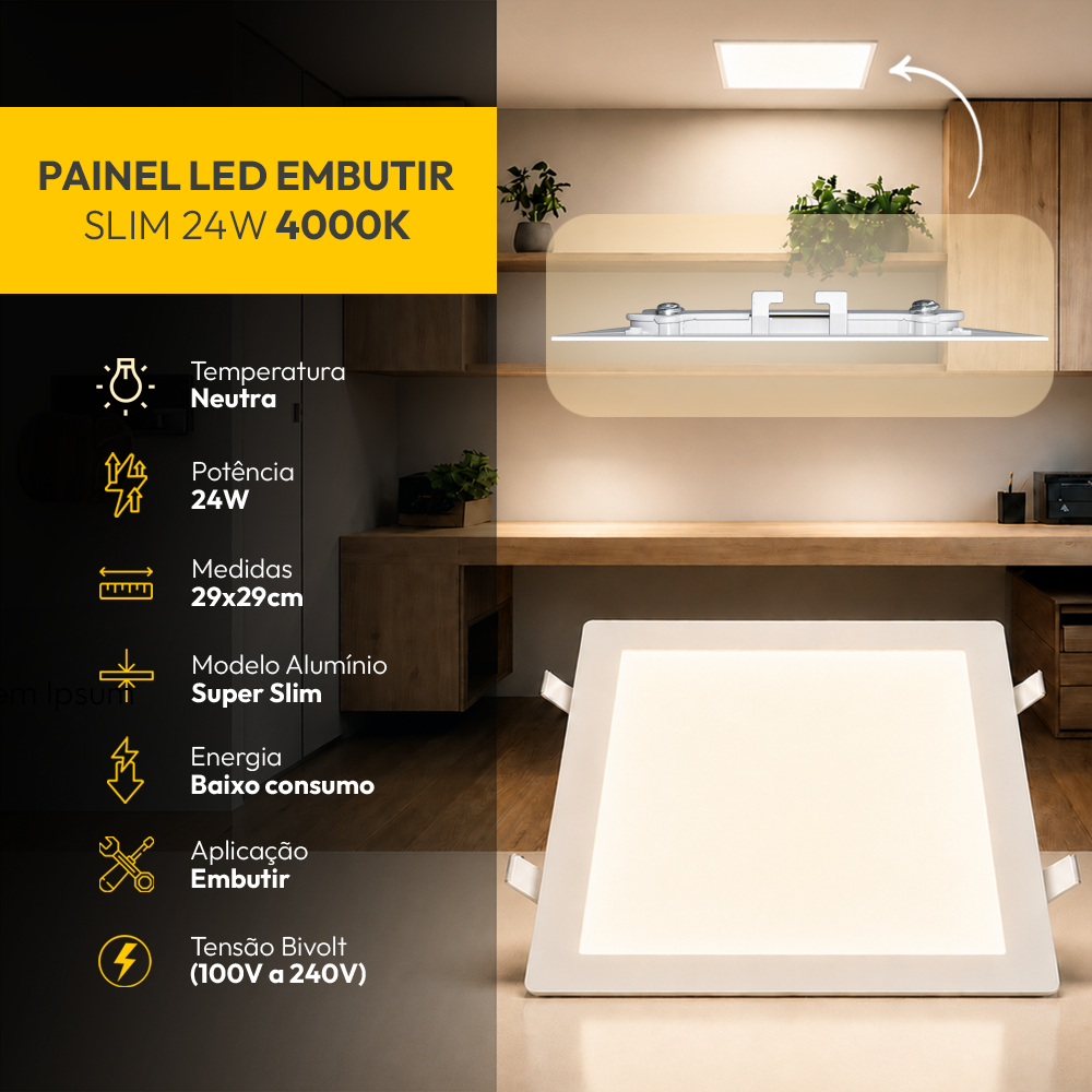 Painel Led Plafon Aluminio Embutir 24w 4000k Branco Neutro 29x29 Quadrado Cod: ALUT190074 Alut By Avant