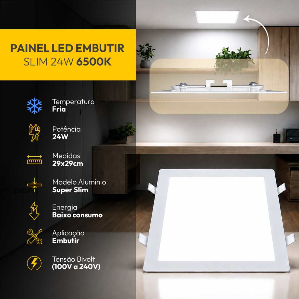 Painel Led Plafon Aluminio Embutir 24w 6500K Branco Frio 29x29 Quadrado Cod: ALUT190075 Alut By Avant