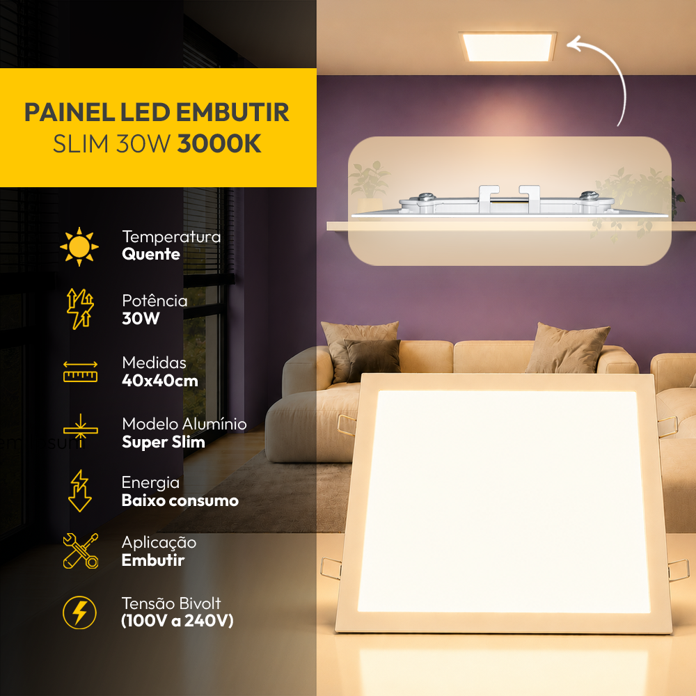 Painel Led Plafon Alumínio Embutir 30w 3000k Branco Quente 40x40 Quadrado Alut By Avant