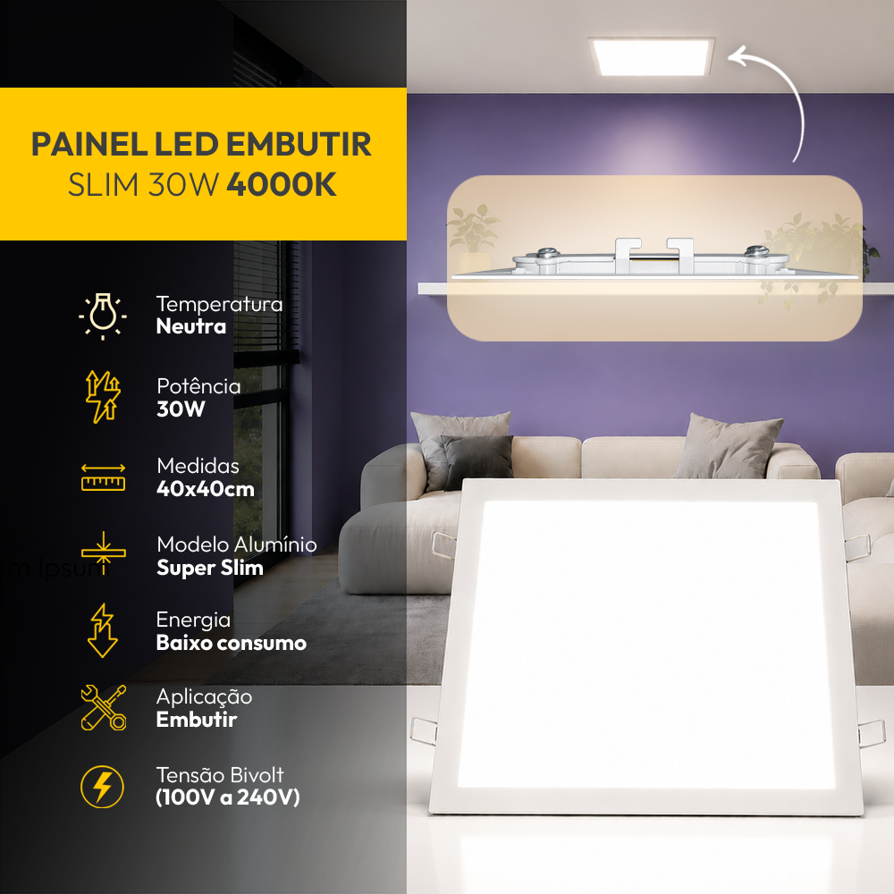 Painel Led Plafon Alumínio Embutir 30w 4000k Branco Neutro 40cm Quadrado Alut By Alut
