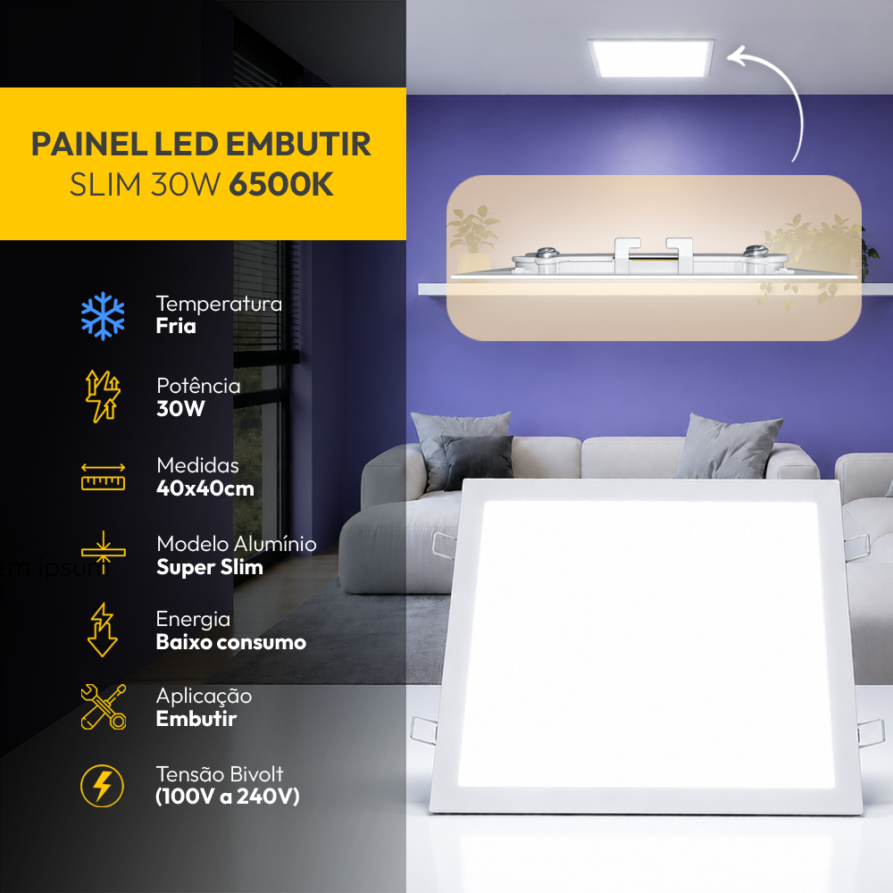 Painel Led Plafon Alumínio Embutir 30w 6500K Branco Frio 40x40 Quadrado Alut By Avant