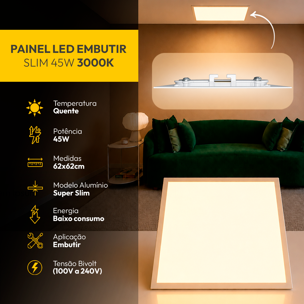 Painel Led Plafon Alumínio Embutir 45w 3000k Branco Quente 62x62 Quadrado Alut By Avant