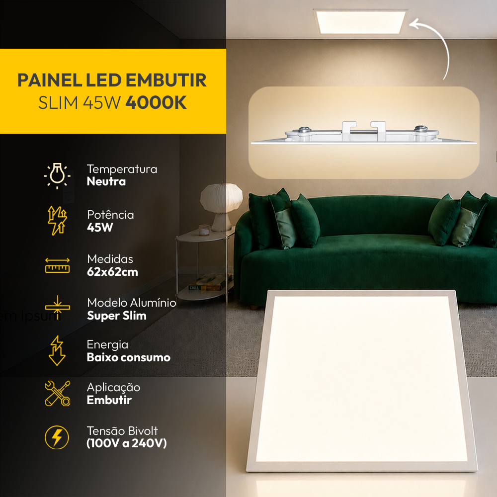 Painel Led Plafon Alumínio Embutir 45w 4000k Branco Neutro 62x62 Quadrado Alut By Avant
